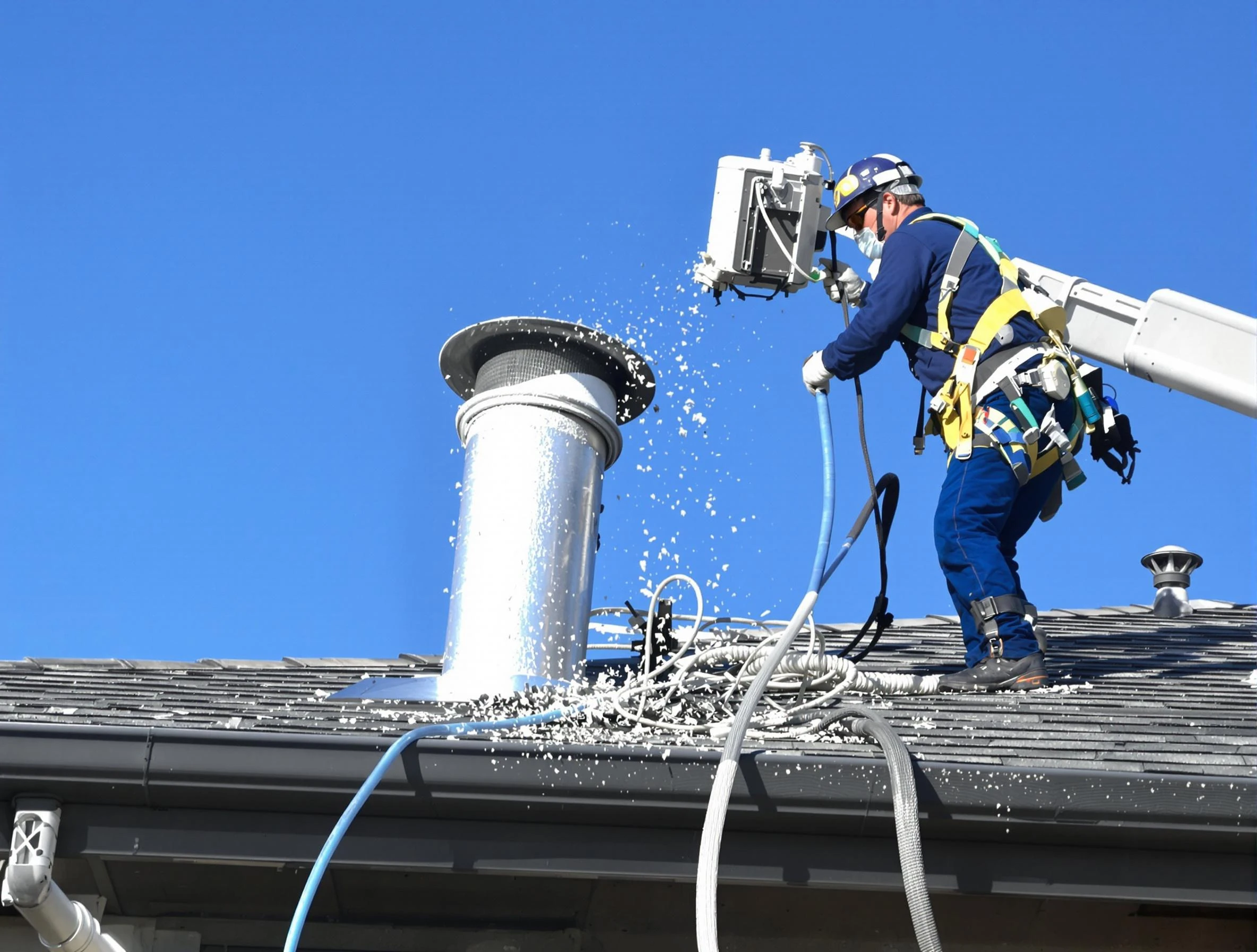 Arlington Dryer Vent Cleaning certified technician safely cleaning a roof-mounted dryer vent in Arlington