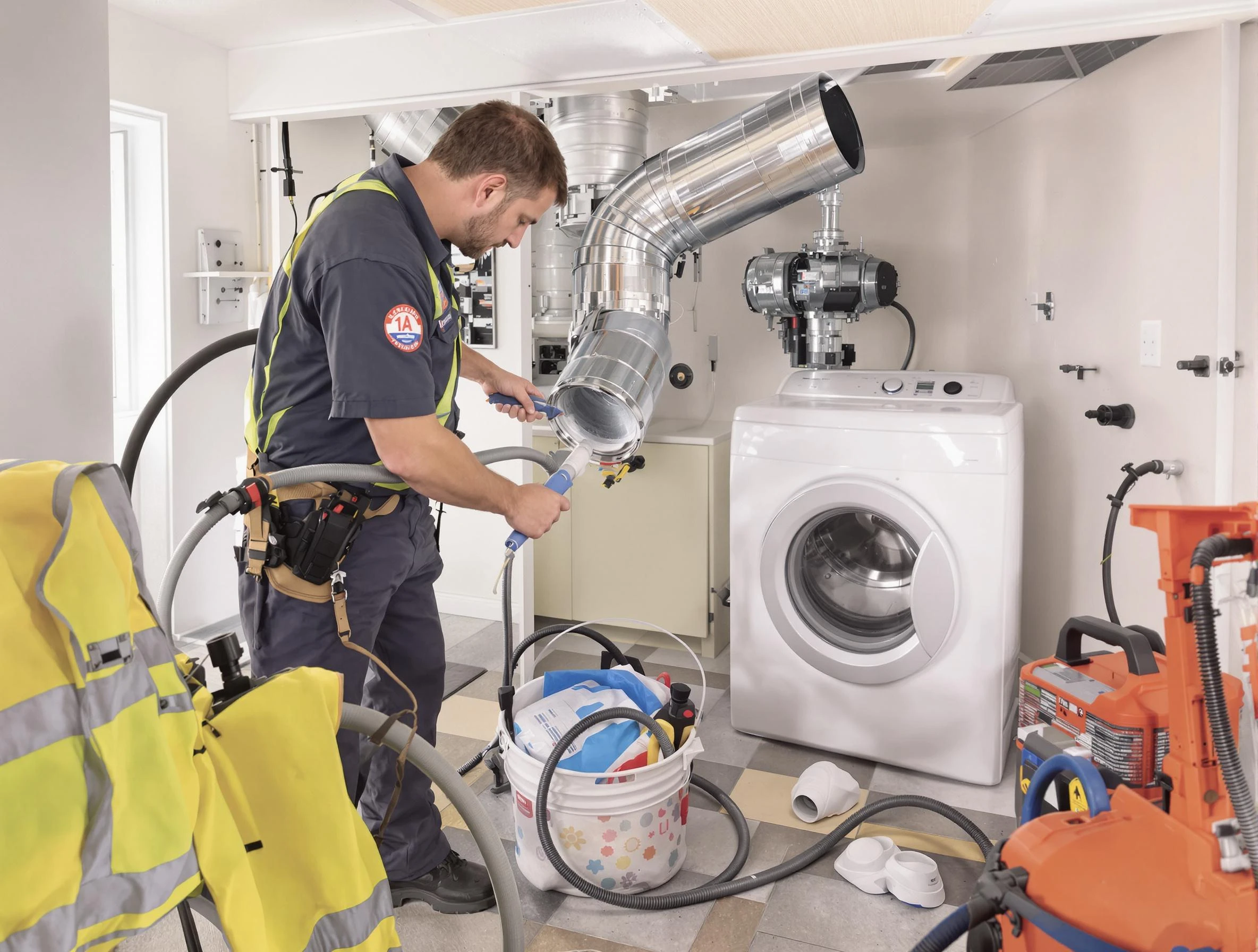 Arlington Dryer Vent Cleaning technician using specialized equipment to clear severe dryer vent blockage in Arlington